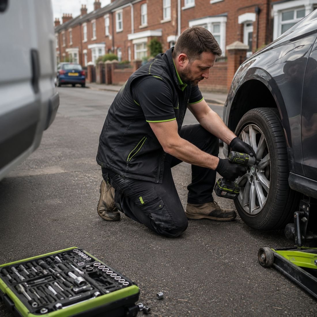 GO-Tyres mechanic fitting a wheel on a Warrington street